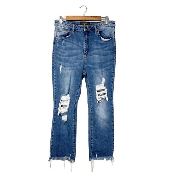 Risen High Rise Straight Ankle Jeans Distressed Medium Wash Raw Hem, Size 32/15 - Picture 2 of 9